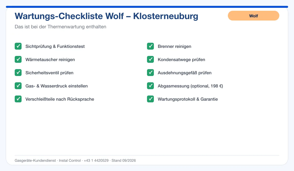 Infografik Wolf Thermenwartung Klosterneuburg: Wartungs-Checkliste mit 10 enthaltenen Leistungen