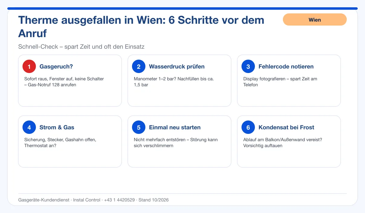 Infografik Thermen-Notdienst Wien: 6 Schritte, bevor Sie den Notdienst rufen